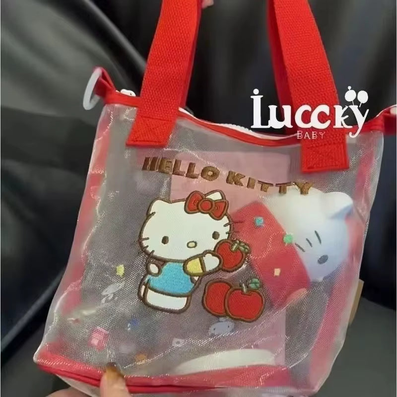 New Hello Kitty Mesh Tote Bag Cartoon Bento Bag Portable Large Capacity Hand-Held Crossbody Bag Outdoor Portable Bag
