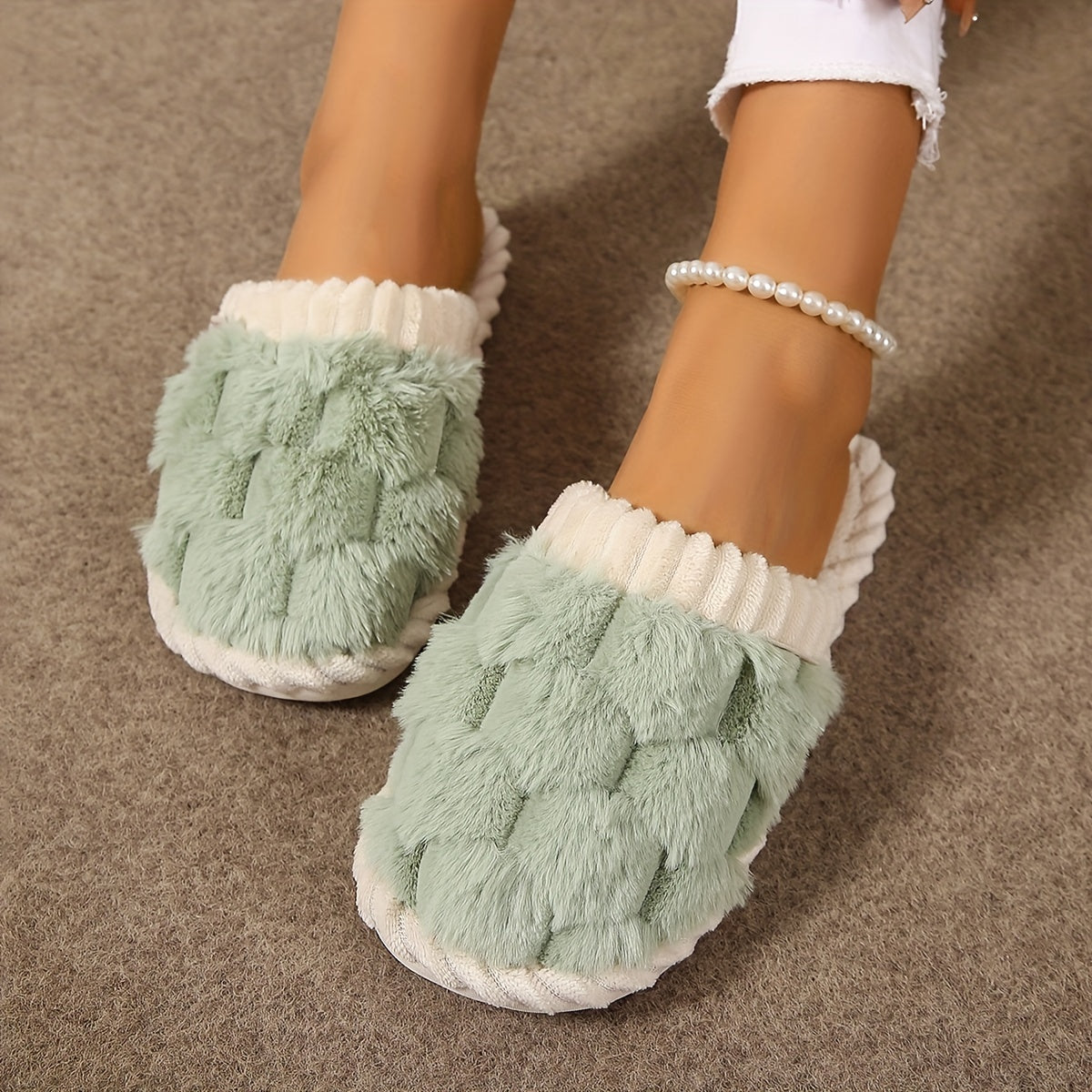 Colorblock Faux Fur Slippers, Casual Slip On Plush Lined Shoes, Comfortable Indoor Home Slippers Beauty Fashion