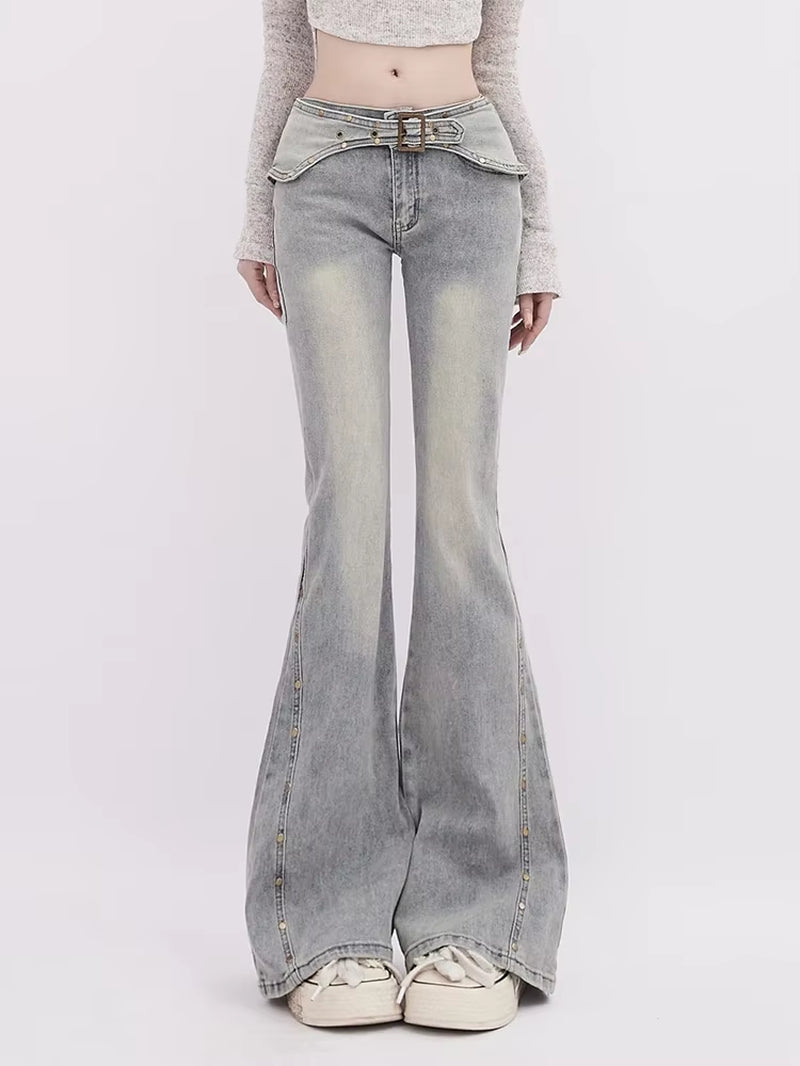 Korean Light Blue Flare Jeans Women Y2K Low Rise Vintage Denim Trousers Fashion Skinny Classic Aesthetic Harajuku Pants