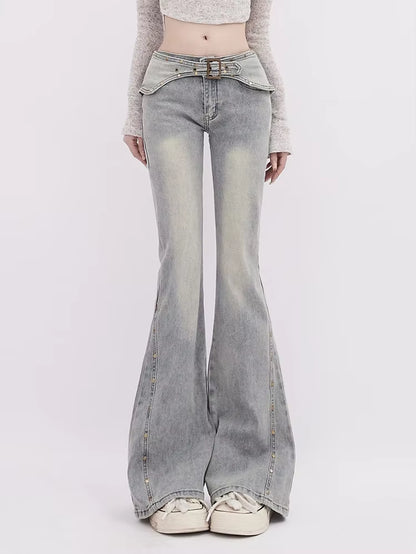 Korean Light Blue Flare Jeans Women Y2K Low Rise Vintage Denim Trousers Fashion Skinny Classic Aesthetic Harajuku Pants