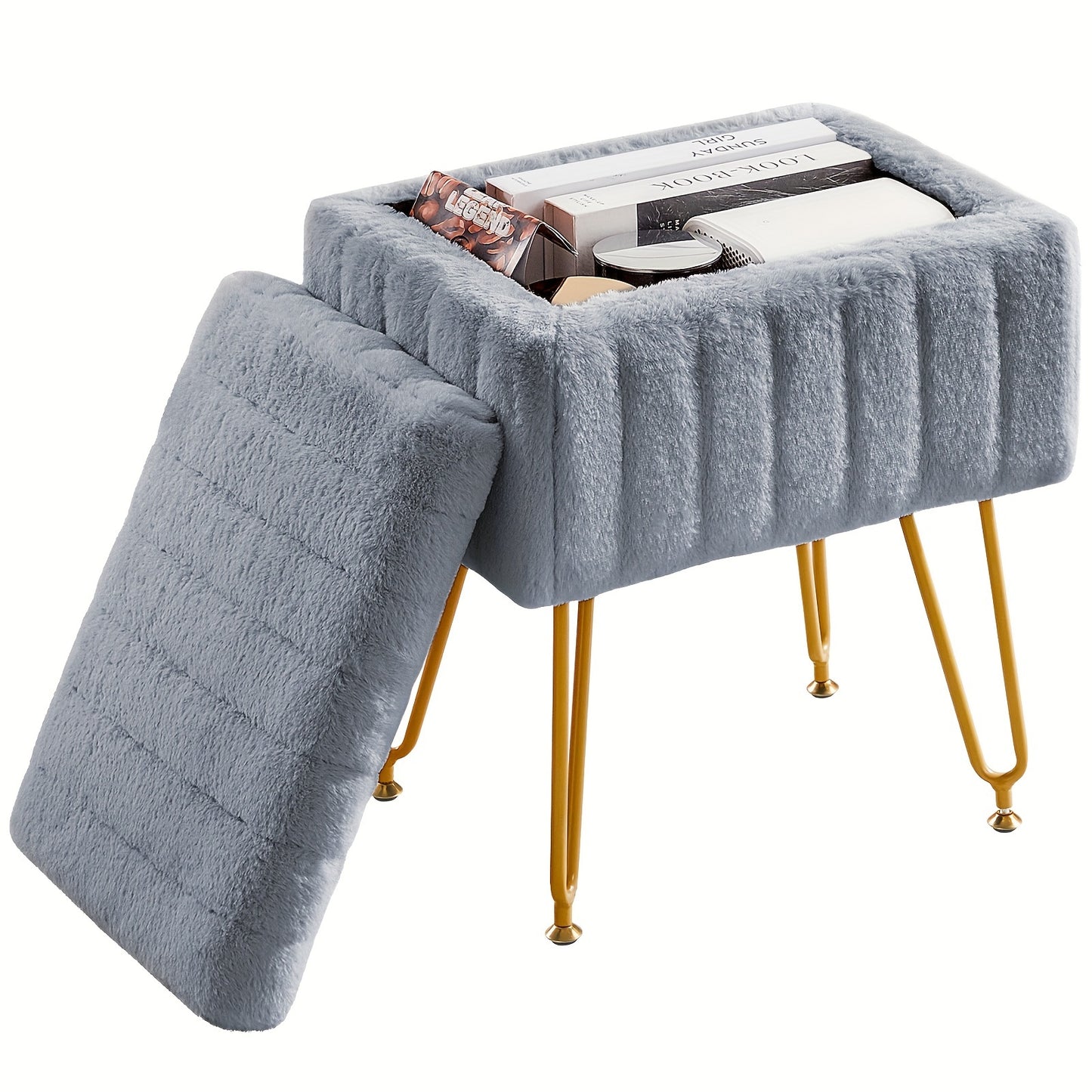 Vanity Storage Ottoman Chair, Makeup Vanity Chair With Metal Legs & Soft Faux Fur Surface, Flip Top Foot Rest With Soft Padded Seat For Bedroom Living Room Beauty World Shop
