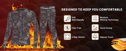 Camouflage Print Thermal Underwear For Men, Long Johns Set With Fleece, Winter Hunting Outdoor Running Cycling Ski Equipment Sports Yoga Fitness Base Layer Sport Top & Bottom