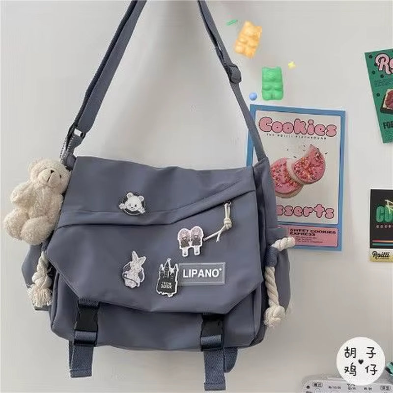 Kawaii Pins Decor Messenger Bag, Release Buckle Decor Flap Crossbody Bag, Large Capacity School Bag