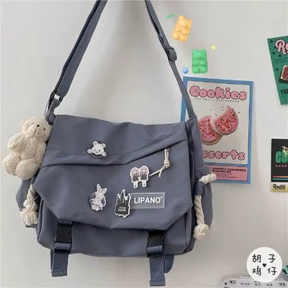 Kawaii Pins Decor Messenger Bag, Release Buckle Decor Flap Crossbody Bag, Large Capacity School Bag
