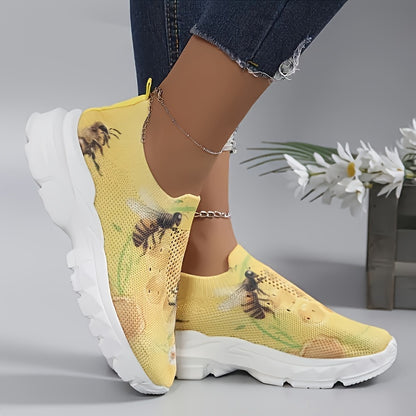Breathable Knit Platform Sneakers - Women's Bee Print Slip On Outdoor Shoes - Comfortable Low Top Sport Shoes