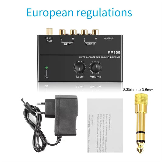 Audio Amplifier Phono Preamp Pre Amp Preamplifier with Level Volume Control RCA Input Output 1/4" TRS Output for Turntable