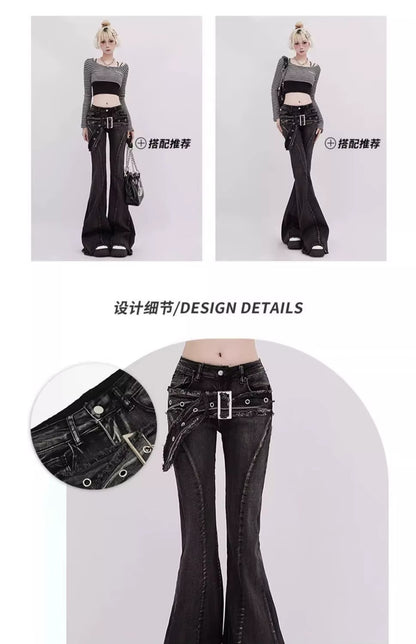 Vintage Slim Micro-Flare Jeans Women Ins Fashionable Splicing Belt Edge Y2K Pants High Waist Straight American Street Trousers