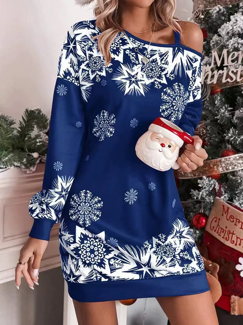 New Christmas Snowflake Print off Shoulder Dress Women Fashion Winter Long Sleeve Loose Party Mini Dresses for Women 2025