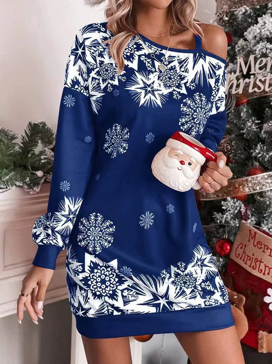New Christmas Snowflake Print off Shoulder Dress Women Fashion Winter Long Sleeve Loose Party Mini Dresses for Women 2025