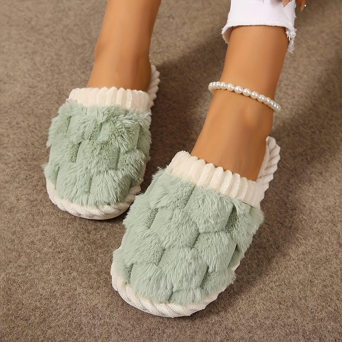 Colorblock Faux Fur Slippers, Casual Slip On Plush Lined Shoes, Comfortable Indoor Home Slippers Beauty Fashion