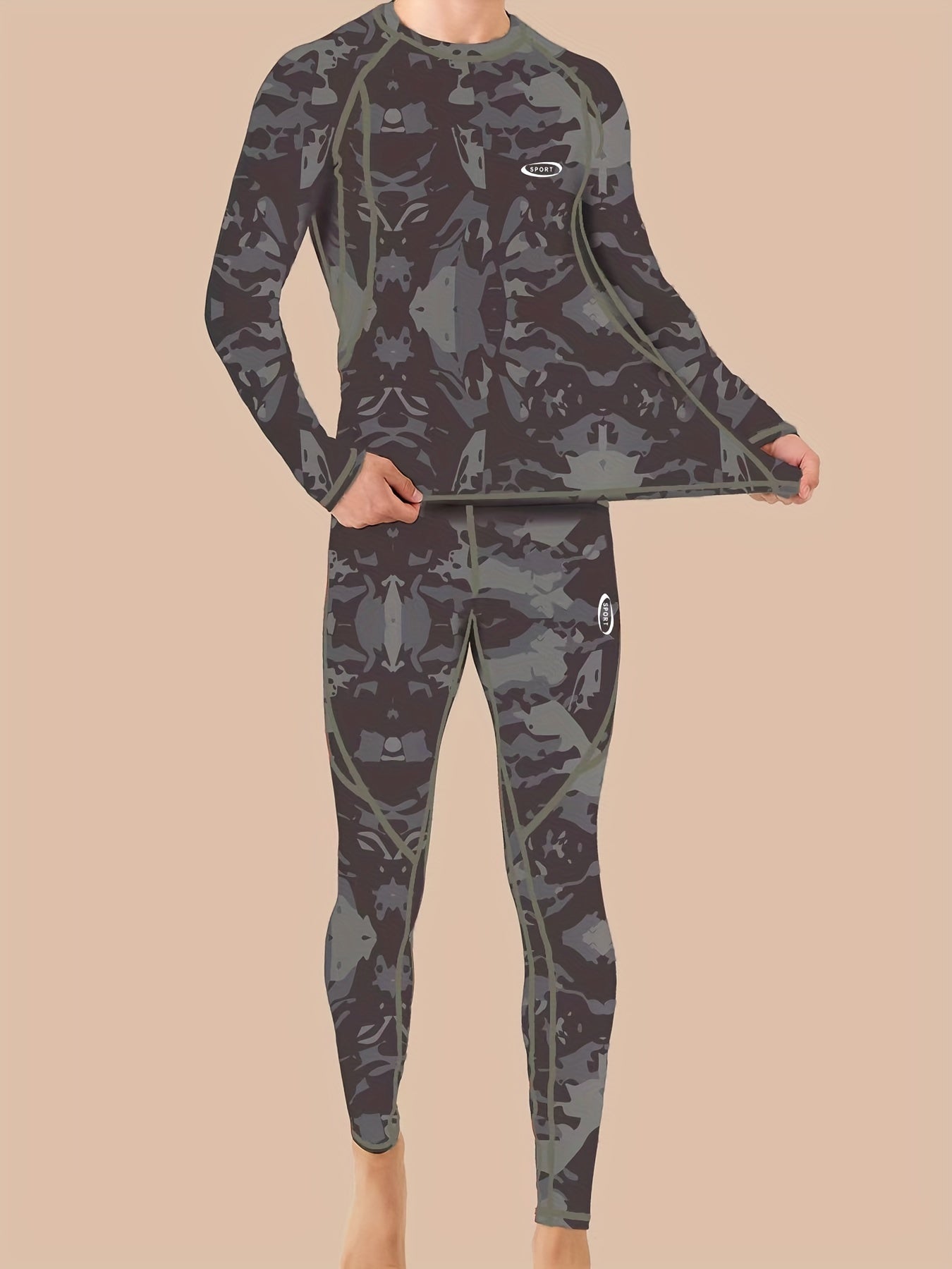 Camouflage Print Thermal Underwear For Men, Long Johns Set With Fleece, Winter Hunting Outdoor Running Cycling Ski Equipment Sports Yoga Fitness Base Layer Sport Top & Bottom