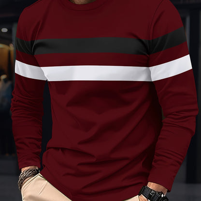 Men's Long Sleeve Crew Neck T-Shirt - Polyester Blend, Basic Solid Color with Color Block Detail, Slight Stretch Knit, Casual Sport Style, for Spring/Fall Beauty World Shop