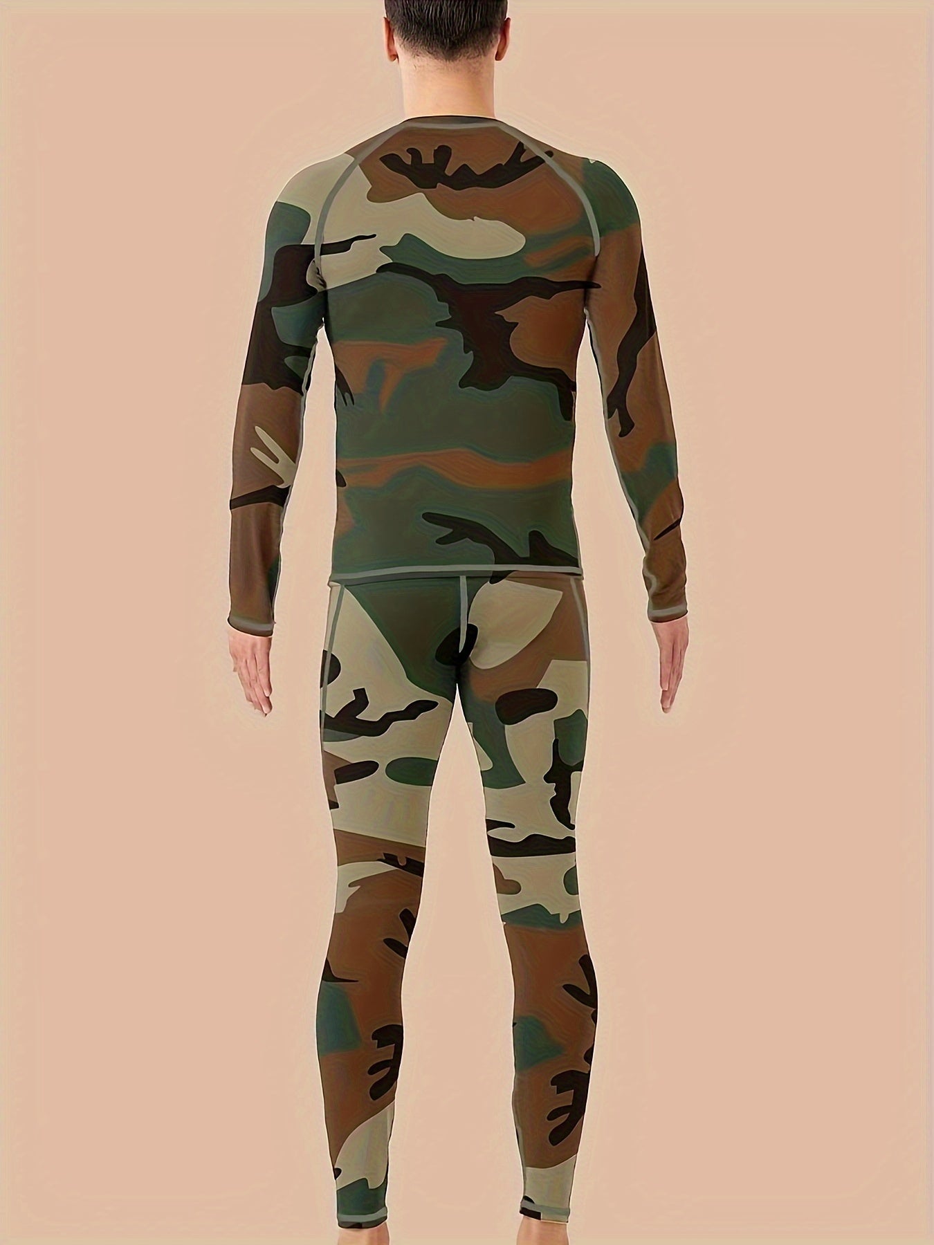 Camouflage Print Thermal Underwear For Men, Long Johns Set With Fleece, Winter Hunting Outdoor Running Cycling Ski Equipment Sports Yoga Fitness Base Layer Sport Top & Bottom