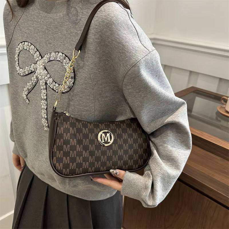 Vintage Style Handbag Crossbody Bag, Gold Letter 'M' Design Pu Leather Shoulder Messenger Bag, Synthetic Leather Tote Bag, Purse