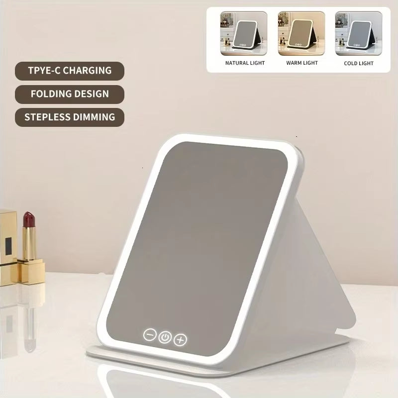 LED Makeup Mirror 3 Colors Lighting Dimmable with Touch Screen Fold Cosmetic Makeup Mirror Rechargeable Tabletop for Travel Home
