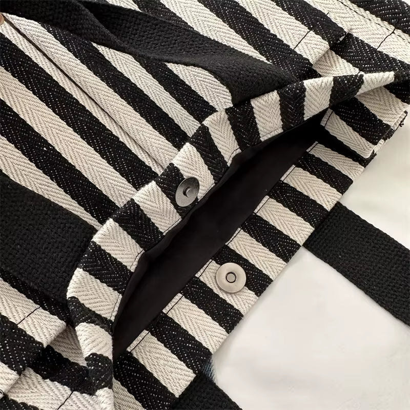 Cool Street Handbag, Large Capacity Women'S Shoulder Bag, Trendy Striped Canvas Crossbody Bag, Fashion Travel Shopping Tote Bag