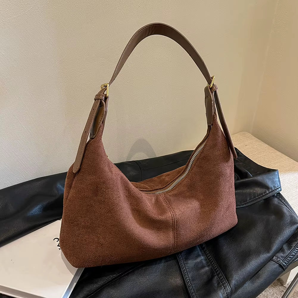 Vintage Handbag Purse for Women Suede Shoulder Bag Causal Crossbody Bags Female Luxury Designer Clutch Ladies Crescent Hobo Bag