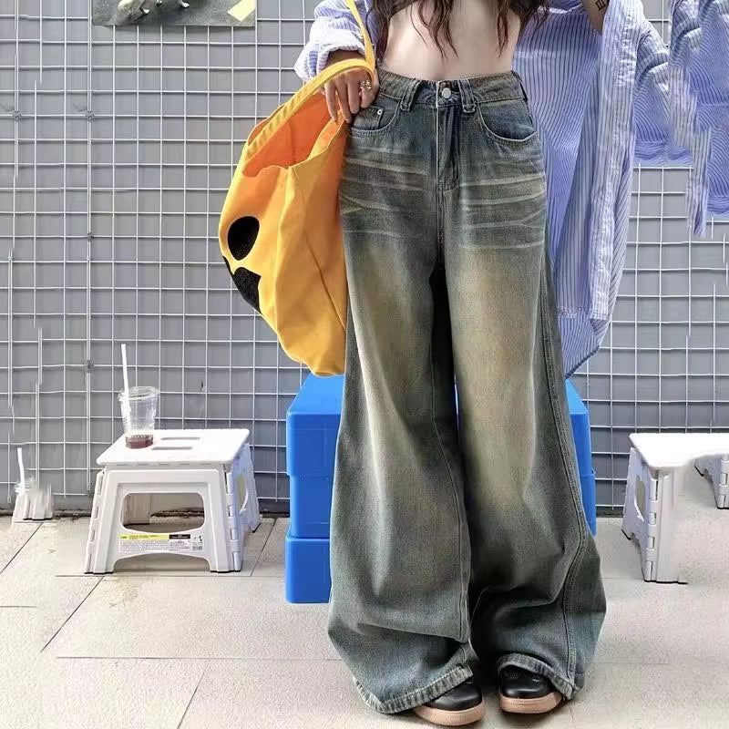 Spring Autumn Vintage Chicly Button Jeans Women American Simple Baggy High Waisted Denim Pants Washed Y2K Wide Leg Jean Trousers