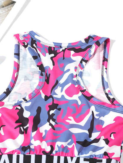 2sets/4pcs Letters Print Camouflage Sleeveless Vest Top + Pants Set For Girls - Versatile And Trendy Sport Set - Summer Wear - Perfect Gift for Active Girls