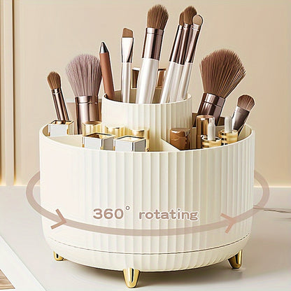 360° Rotating Makeup Organizer - 1pc Plastic Cosmetic Storage with 5 Compartments - Multi-Functional Holder for Brushes, Lipsticks, Skin Care Products, and Stationery - Durable Unscented Desk Caddy with Luxury Stripe Design Beauty Fashion