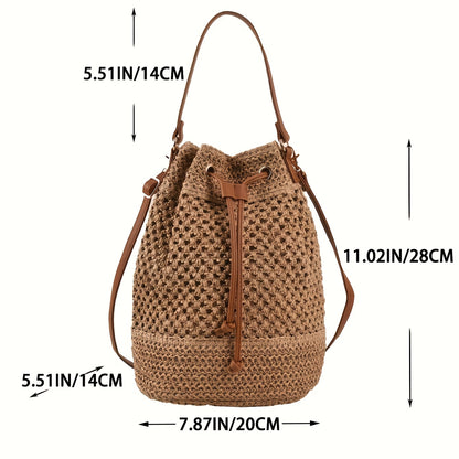 Simple Drawstring Straw Bucket Bag, All-Match Crossbody Bag, Lightweight Braided Shoulder Bag Beauty Fashion