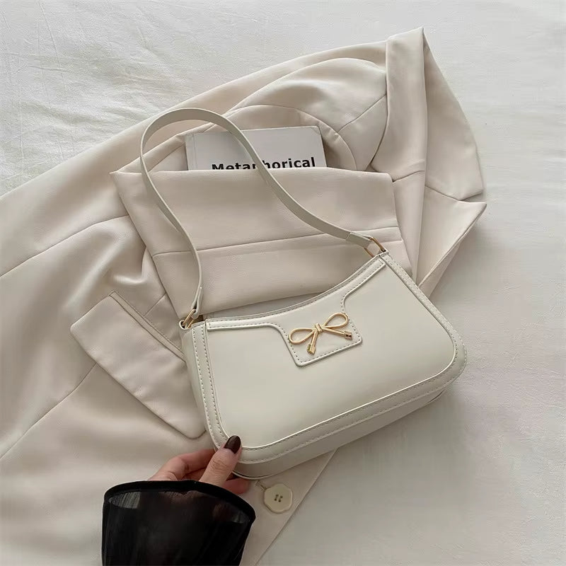 Stylish Shoulder Bag with Metal Bow Decoration, Versatile Underarm Bag, Classic Brown and Black Baguette Bag for Women Daily Use