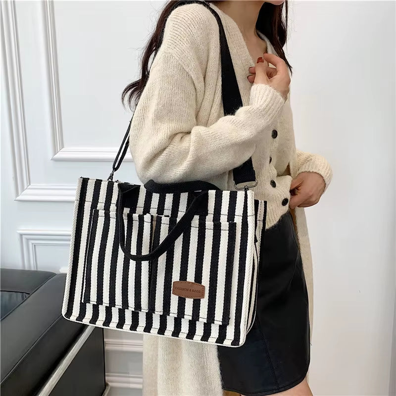 Cool Street Handbag, Large Capacity Women'S Shoulder Bag, Trendy Striped Canvas Crossbody Bag, Fashion Travel Shopping Tote Bag
