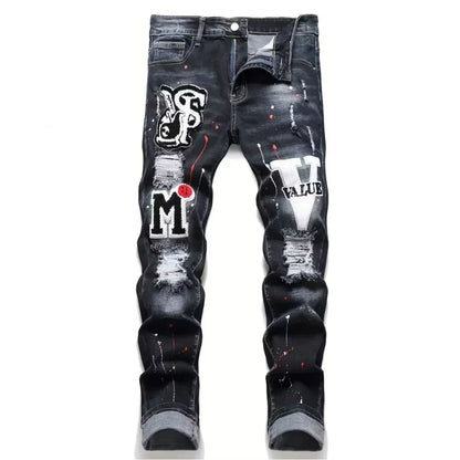 Men Y2K Stretchy Denim Jeans Ripped Skinny Letter Print Elastic Waist Casual Pants for Men Hole Slim Fit Denim Hip Hop Trousers