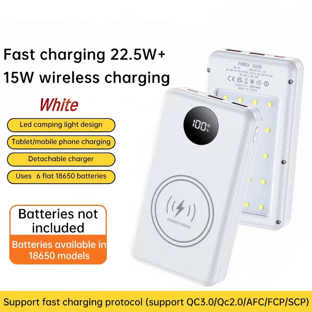6*18650 20000Mah Power Bank Case 22.5W Fast Charging 15W Wireless Charging Mobile Power Bank Housing Battery Holder for Phone