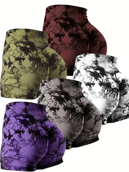 5-Pack Tie-Dye Fitness Shorts for Women, High Waist Scrunch Butt Gym Yoga Peach Booty Shorts, Sport Style Beauty World Shop