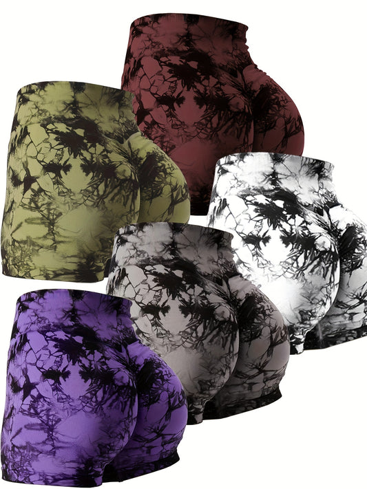 5-Pack Tie-Dye Fitness Shorts for Women, High Waist Scrunch Butt Gym Yoga Peach Booty Shorts, Sport Style Beauty World Shop