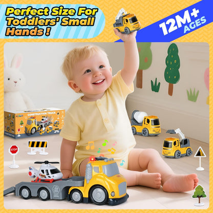 Toddlers Truck Toys,Boy Toys Gifts for 1 2 3 Years Old,5 in 1 Construction Transport Truck with Lights & Sounds,Ideal Birthday for Baby Toddler 12-18M+