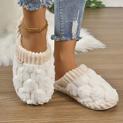 Colorblock Faux Fur Slippers, Casual Slip On Plush Lined Shoes, Comfortable Indoor Home Slippers Beauty Fashion