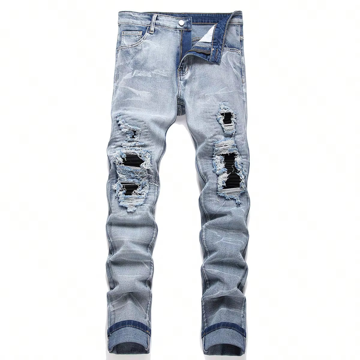Men‘S Stretchy Denim Jeans Streetwear Tearing Patchwork Holes Ripped Denim Elastic Waist Casual Pants Slim Fit Straight Trousers
