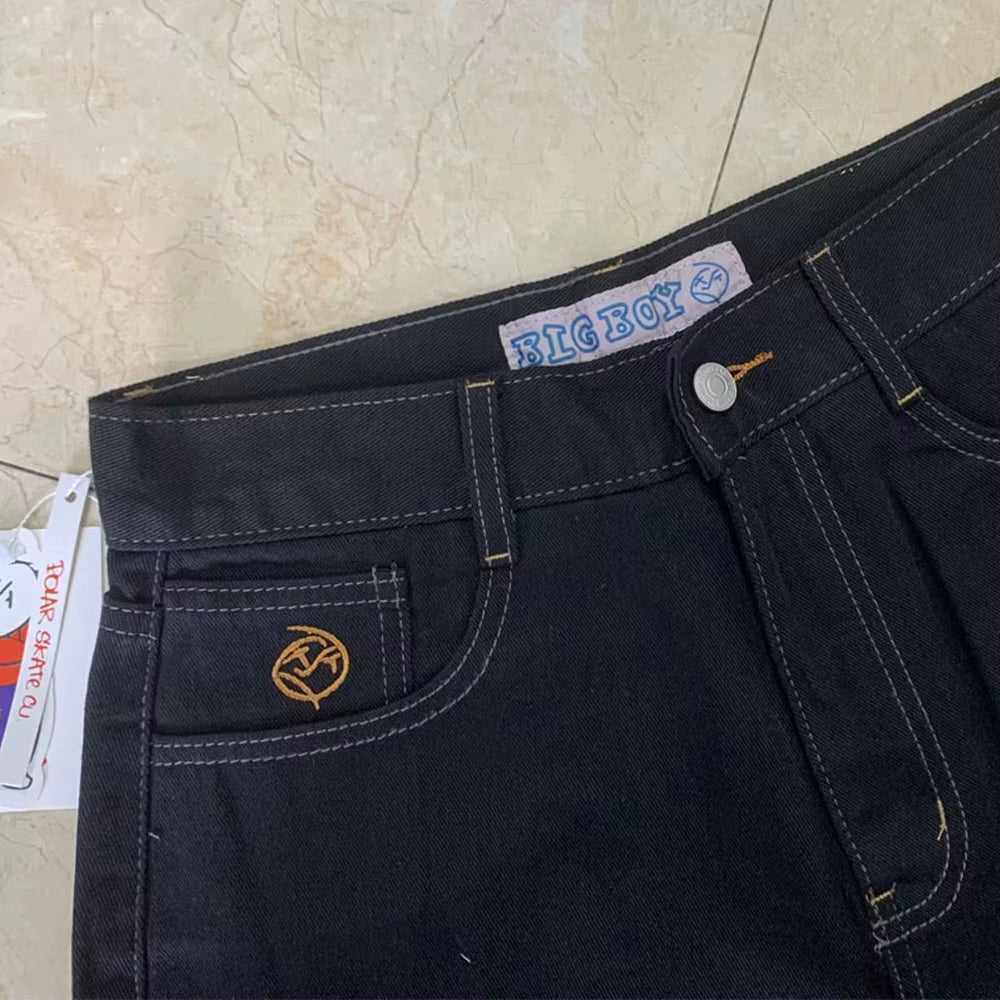 Embroidery Jeans Y2K Pants Streetwear Gothic Cartoon Blue Baggy Jeans Retro Punk Rock High Waist Denim Trousers