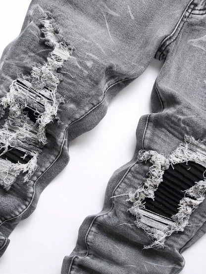 Men‘S Stretchy Denim Jeans Streetwear Tearing Patchwork Holes Ripped Denim Elastic Waist Casual Pants Slim Fit Straight Trousers