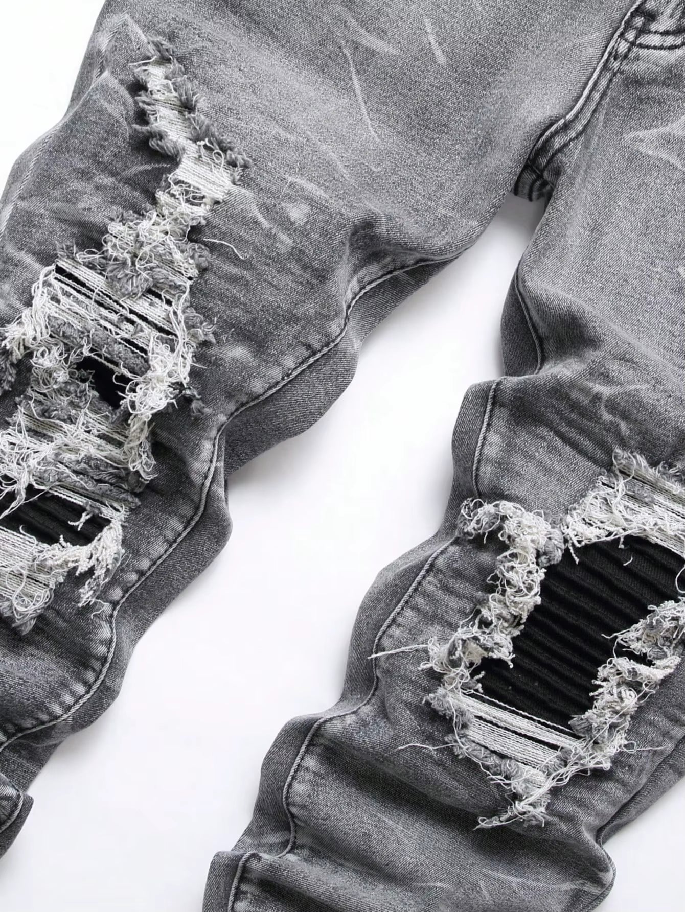 Men‘S Stretchy Denim Jeans Streetwear Tearing Patchwork Holes Ripped Denim Elastic Waist Casual Pants Slim Fit Straight Trousers