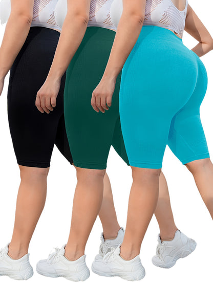 3-Pack Plus Size Yoga Shorts For Women, High Waist Peach Lift, Stretchy, Butt-lifting, High Elasticity, Fitness Activewear, Quick-Dry, Seamless Sport Shorts Set