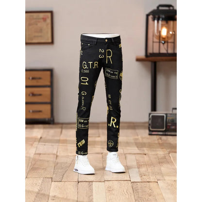 Trendy Retro Embroidered Printed Jeans for Men 2025 New Autumn Fashion Men'S Clothing Trend Brand Slim Fit Small Leg Pants