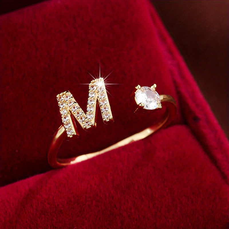 Fashionable 26 English Letters Four-Prong Synthetic Synthetic Zirconia Open Adjustment Ring Beauty Fashion
