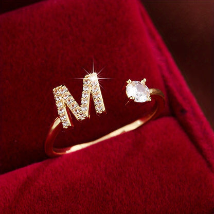 Fashionable 26 English Letters Four-Prong Synthetic Synthetic Zirconia Open Adjustment Ring Beauty Fashion