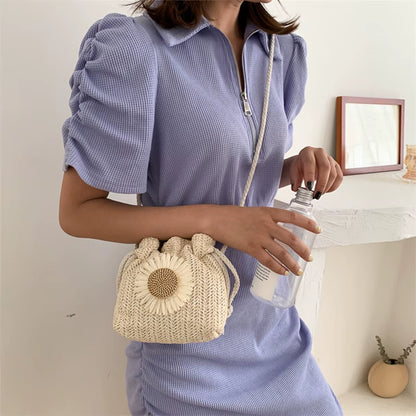 Summer New Fashion Straw Strap Mouth Women'S Woven Bag Single Shoulder Bag Crossbody Bag for Travel and Amusement
