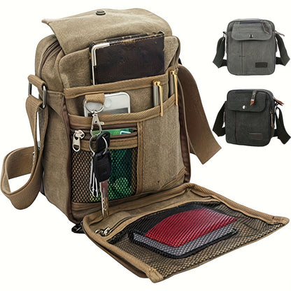 Vintage Canvas Square Messenger Bag - Spacious Zipper Closure, Durable Nylon Lining, Stylish Solid Pattern, Perfect for Casual Crossbody Travel and Daily Occasions Beauty Fashion