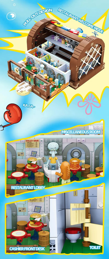 Spongebob Cartoon Krusty Krab Restaurant Building Blocks Creative Canteen Scenes Model Bricks Desktop Ornaments Toy For Kid Gift Beauty World Shop