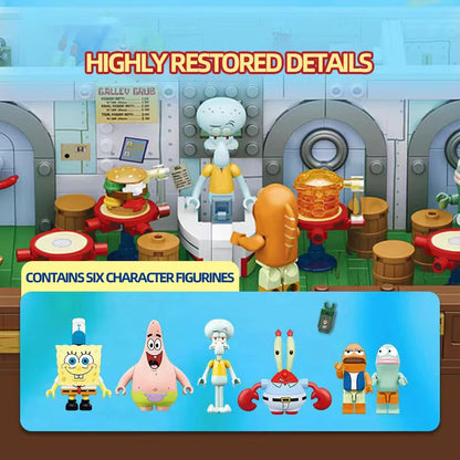 Spongebob Cartoon Krusty Krab Restaurant Building Blocks Creative Canteen Scenes Model Bricks Desktop Ornaments Toy For Kid Gift Beauty World Shop