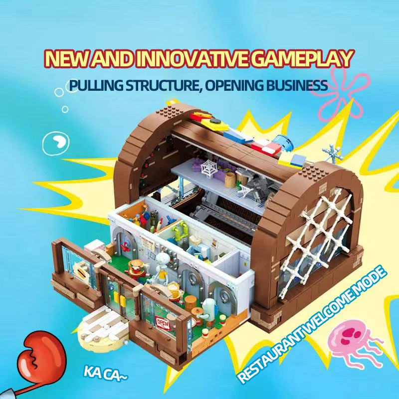 Spongebob Cartoon Krusty Krab Restaurant Building Blocks Creative Canteen Scenes Model Bricks Desktop Ornaments Toy For Kid Gift Beauty World Shop