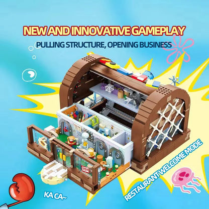 Spongebob Cartoon Krusty Krab Restaurant Building Blocks Creative Canteen Scenes Model Bricks Desktop Ornaments Toy For Kid Gift Beauty World Shop