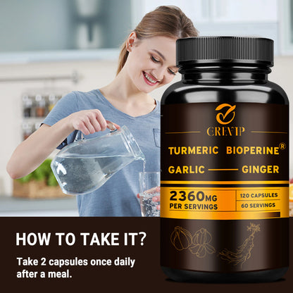 4-in-1 Turmeric Ginger Supplement - Garlic, Turmeric Root, Black Pepper - Joints, Immune Support, Digestion - 120 Capsules Beauty World Shop