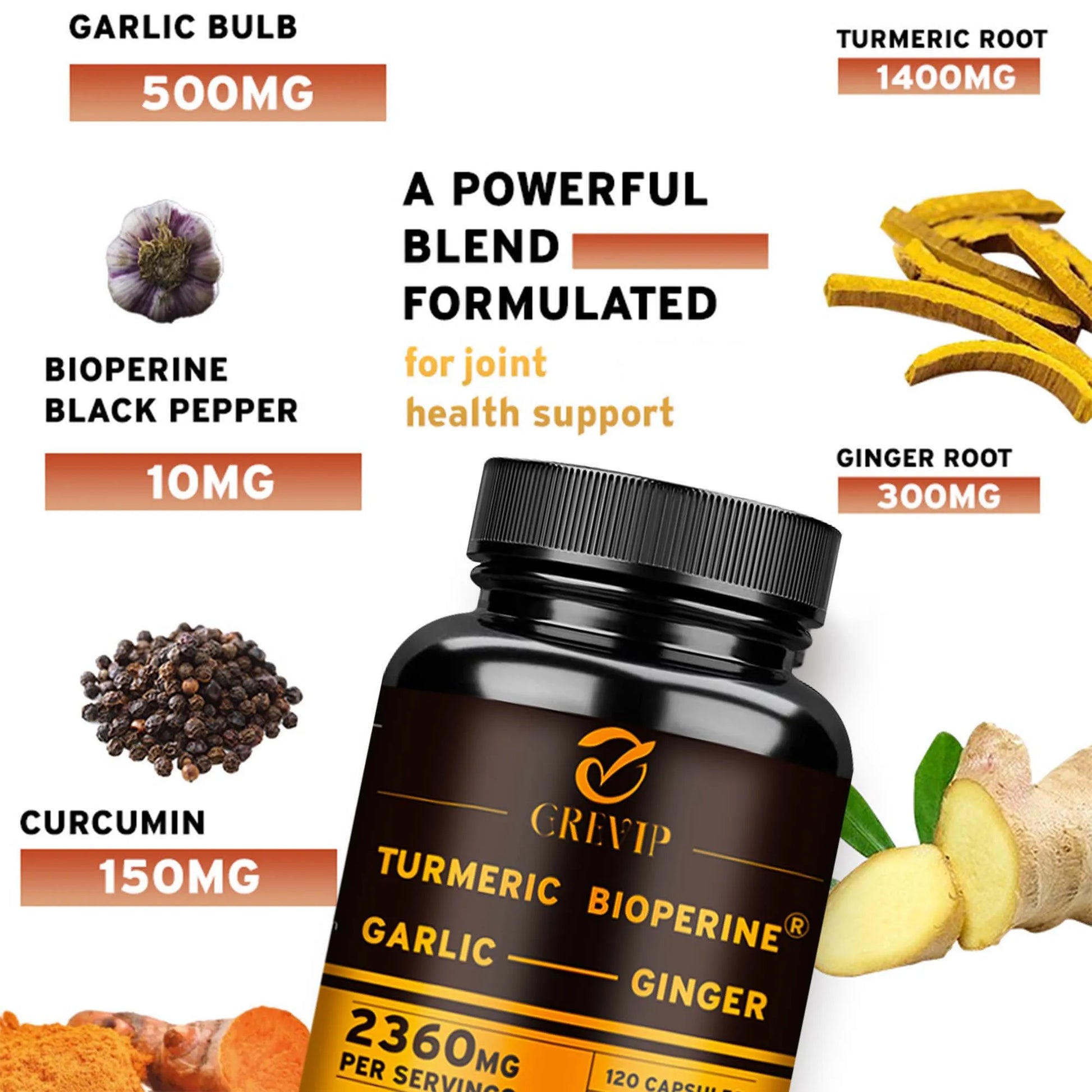 4-in-1 Turmeric Ginger Supplement - Garlic, Turmeric Root, Black Pepper - Joints, Immune Support, Digestion - 120 Capsules Beauty World Shop