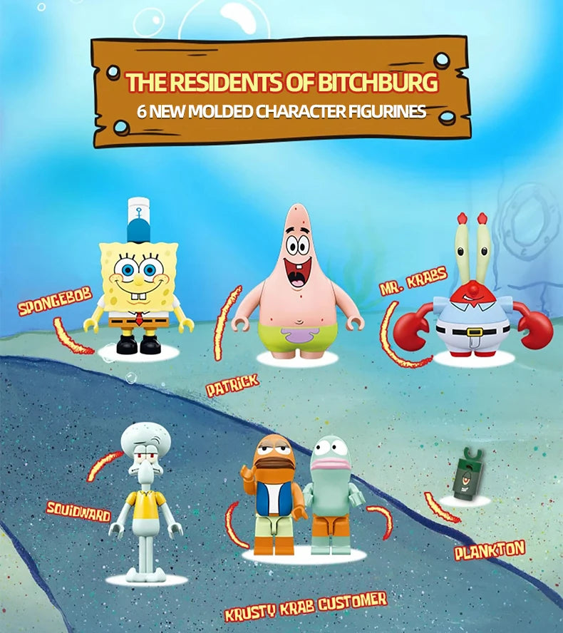 Spongebob Cartoon Krusty Krab Restaurant Building Blocks Creative Canteen Scenes Model Bricks Desktop Ornaments Toy For Kid Gift Beauty World Shop